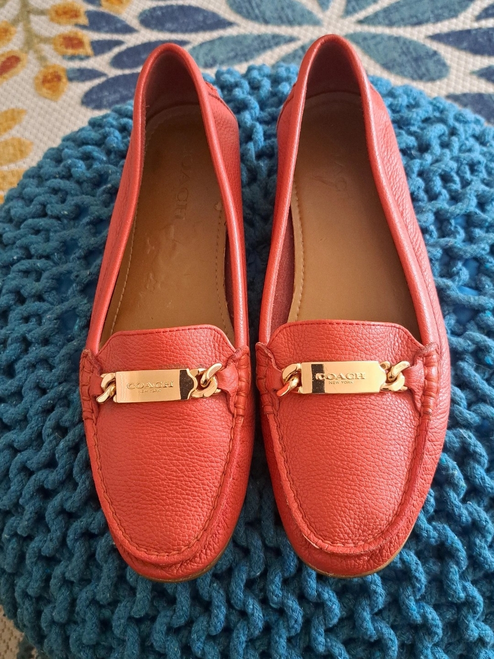 Vintage Coach Coral Leather Gold-Tone Bit Loafers